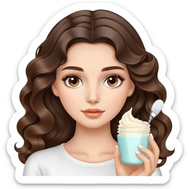 beautiful brunette with a light balayage white girl with nice curls/defined waves, very long hair, clean girl makeup APPLYING A FACE CREAM FOR SKINCARE sticker