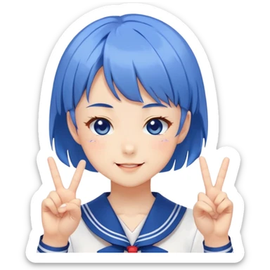Energetic anime girl with short blue hair wearing Japanese sailor style school uniform, winking and making double peace signs, very cheerful and bubbly, kawaii style sticker