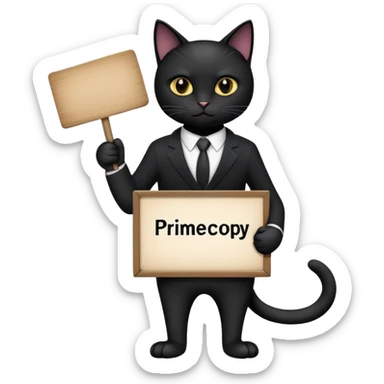 Black Cat in a black business suit holding a sign that says "PrimeCopy" sticker