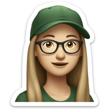 Hyper realistic, look from side, asian adult woman, light white skin, smiling with teeth, black eyes, spotted frame glasses, long light brown straight hair, black T-shirt, dark green cap. sticker