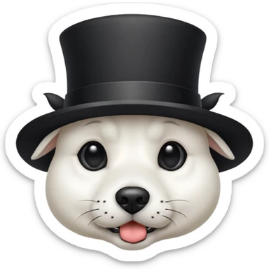 white dog with a black spit around his eye with a tophat sticker