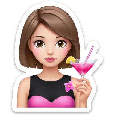 light brunette hair down bob girl black top holding a pink c osmo sticker