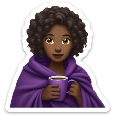 A black woman with dark brown eye and long curly hair  with a purple blanket wrapped over her shoulders, holding a purple mug of coffee sticker