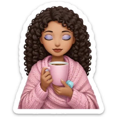 hispanic woman, brown skin, black long 3b curls, closed eyes, feminine face, holding soft pink coffee cup with beige blanket over shoulders sticker