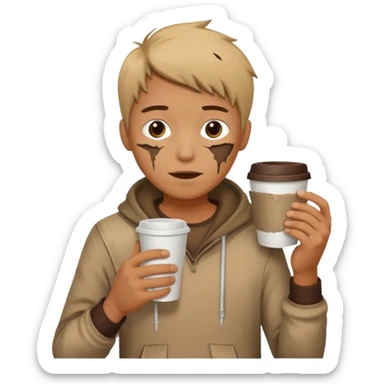 Create an emoji that shows a person wearing torn clothes with visible dirt marks and an empty cup. sticker