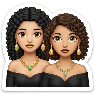 An emoji with two women, one woman with caramel skin color, black curly hair long. The other one is fair skin with brown straight hair and they're wearing jewelry and makeup. sticker