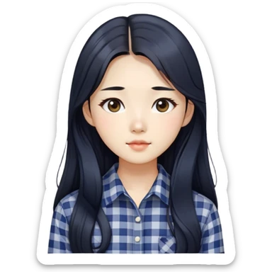 beautician, pretty korean girl with black long hair wearing navy check shirts, long face sticker