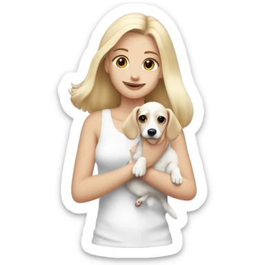 Blonde girl in white top holding a white dachshund puppy  sticker