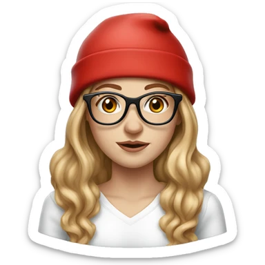 Hyperrealistic white girl with long blush hair with black glasses on, she is wearing a red santa hat  sticker