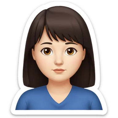 40 yr old woman, long hair down back, very small brown eyes, long hair, straight dark brown hair, bangs, chubby, long face sticker