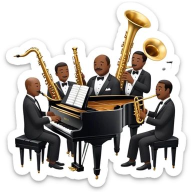 Icon for Jazz Music: Count Basie Orchestra, with Count Basie at the piano surrounded by jazz musicians playing instruments like saxophones, trumpets, and drums. Floating musical notes should capture the energetic and smooth vibe of big band jazz. Transparent background. sticker