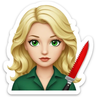 Emoji femme blonde cheveux blond ondulé, yeux vert avec de long cils noir qui porte un couteau sticker