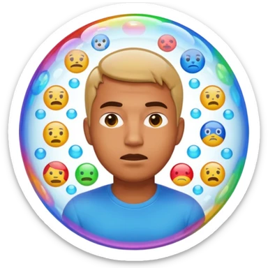 Realistic emoji-style man trapped inside a glowing filter bubble. The bubble contains identical social media icons and repeating content symbols. Outside the bubble are colorful diverse icons he cannot see. The man looks comfortable but unaware, expressing narrow perspective. sticker