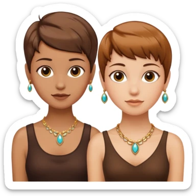 Fair skin and caramel colored besties with brown hair pixie cuts wearing jewelry  both brown hair  sticker