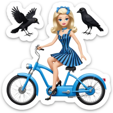 1920s coal hair hotrod Silkstone Marie Antoinette Barbie Wednesday Addams from academy in a blue and black vertically-striped classic dress. riding hot rod electric bikes with crows sticker