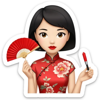 a chinese woman wearing a cheongsam holding a folding fan elegantly with fancy, red lipstick and short black hair sticker