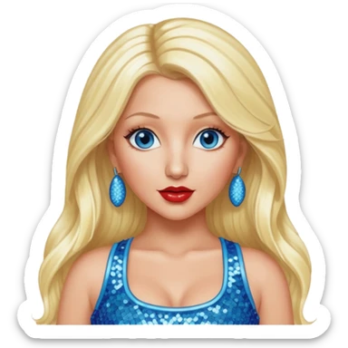 Christina Aguilera with blue eyes, long blonde hair, light blue sequin crop top, red sequin pants sticker