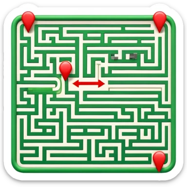 Create a realistic emoji of a maze with different patterns in red which show the wrong way and one way which shows the right way across the maze in green. The maze looks like its programmed with some electric, electronic features sticker