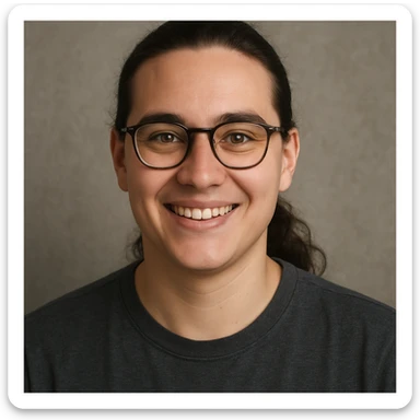 upper body portrait of a person with long pulled back dark brown hair, hazel eyes, and glasses, smiling sticker
