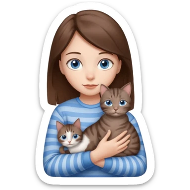 A girl with blue eyes and brown hair is holding a slightly striped gray cat in her arms. sticker