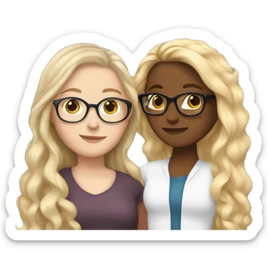A a short white girl with long curl brown hair, hugging a tall white girl with blonde straight hair and clear glasses  sticker