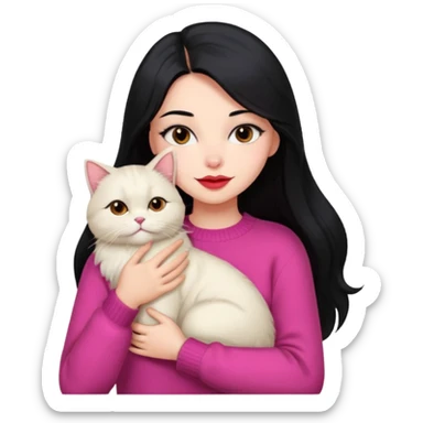 Beautiful girl Long Hair black, Skin White, Sweater Pink , Big Red Lips, Eyes coffe,Hug baby Persa Cream Cat  sticker