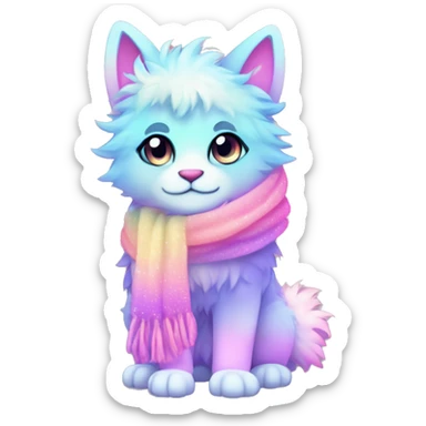 Edgy Kawaii cute gorgeous colorful sparkly bright light pastel gradient fantasy ethereal fluffy fursona animal creature with a cute scarf full body sticker