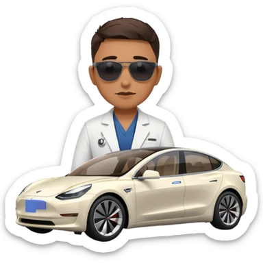 White tesla model 3 with a physician with sunglasses next to it sticker