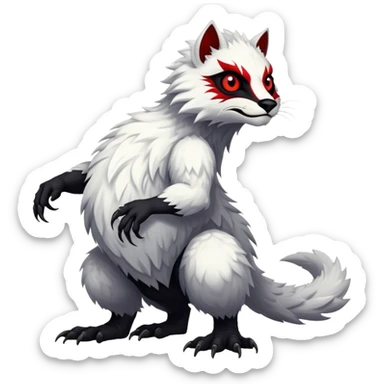 a white exotic edgy vernid-fionbri-creature, with black belly and red eyes, full body sticker