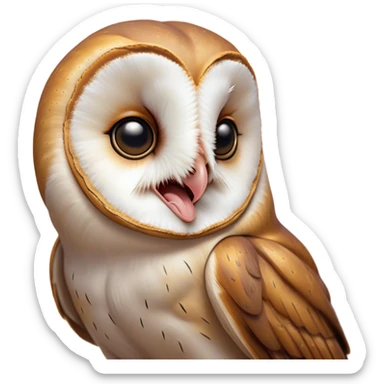 Cinematic Cute Yawning Barn Owl Portrait Emoji, Head tilted slightly with a dramatic, wide-open yawn, showcasing a soft, mottled plumage with subtle brown accents and gently drooping feathers, round amber eyes barely open in drowsy contentment, Simplified yet irresistibly adorable features, highly detailed, glowing with a soft, cozy glow, high shine, relaxed yet expressive, stylized with a touch of nocturnal whimsy, bright and endearing, soft glowing outline, capturing the essence of a sleepy yet affectionate owl, so drowsy it feels like it could glide out of the screen and curl up for a nap! sticker