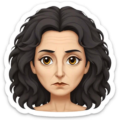 Mirri Maz Duur is a weathered, age 50 woman with deep-set dark eyes, high cheekbones, and a sharp nose, giving her a stern, knowing expression. Her long, unkempt dark frizzy hair  falls loosely over her shoulders sticker
