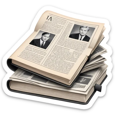 Icon for Non-Fiction & Narrative Reading: an open book with black-and-white photos on the pages, surrounded by a pile of newspaper clippings, and an open folder with top-secret documents. The icon should reflect the blend of real stories and facts in non-fiction literature. Transparent background. sticker