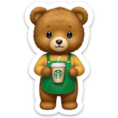 teddy bear wearing green apron with one cup of starbucks coffee sticker
