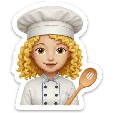 girl, yellow Long curly hair, happy, wearing chef uniform and chef hat sticker