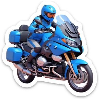 blue BMW RT1200 touring motorcycle with rider on open road sticker
