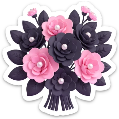 minimal 3D gothic bouquet with pearls, pink and black flowers, simple and elegant sticker