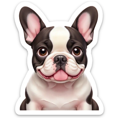 Cinematic Cute Pied French Bulldog Portrait Emoji, Head tilted with a sweet, mischievous grin and large, inviting eyes, featuring a unique pied fur of contrasting colors, simplified yet irresistibly endearing, highly detailed, glowing with a warm, playful radiance, high shine, exuding a quirky charm and affectionate personality, styled with a soft, lighthearted outline, capturing the essence of a cute Pied French Bulldog that looks ready to charm its way into your heart! sticker