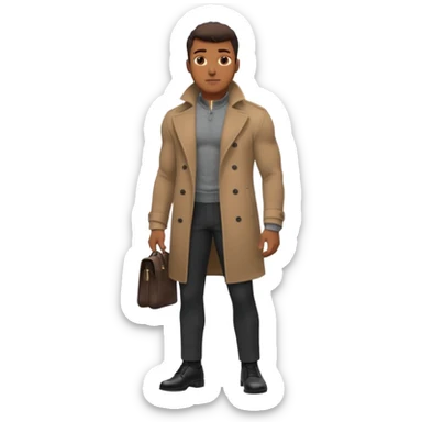 Handsome Black guy with brown skin tone, with lean muscular build, wearing black slacks, a gray sweater, long brown pea coat, and black shoes sticker