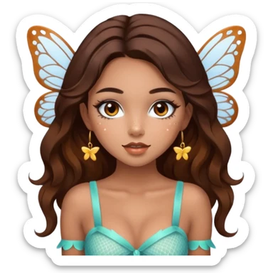 Pretty girl with caramel skin. Dark brown hair and brown eyes. She has freckles. Wearing sexy makeup. Wearing a fairy costume. wearing white fishnet tights on legs and heels sticker