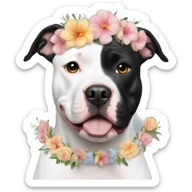 Black and white Pitbull with floral crown sticker