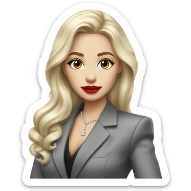 Russian Blonde long hair with big red lips small nose and black eyes Tiffany diamond seller in a grey suit sticker