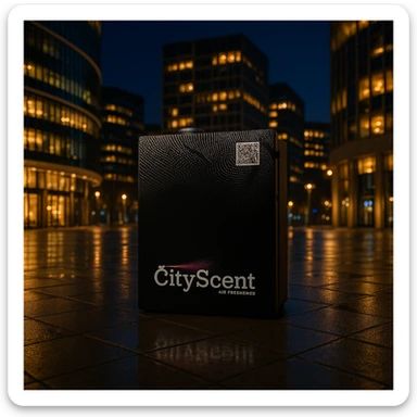 Place this exact CityScent air freshener machine in the middle of a city square at nightfall, with city lights reflecting on the pavement and modern architecture, no people, focus on the machine. The style should be realistic and detailed to highlight the machine in the night city square environment. sticker
