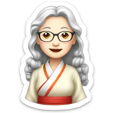 Chinese seniors lady wear glasses has wavy long hair wear Chinese traditional dress show appreciation sign sticker