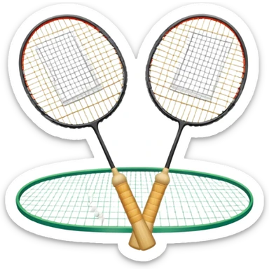 Two crossed badminton rackets with a shuttlecock resting in between, set against the faint outline of a badminton court. The image highlights the tools of the sport, with a subtle emphasis on the court's net and boundaries, symbolizing competition and skill. sticker