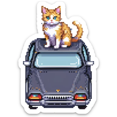 a cat sitting on top of a car, pixel art style sticker
