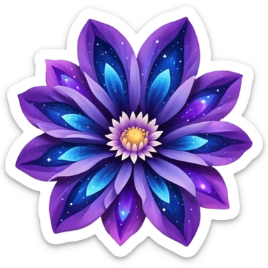 vibrant flower with petals resembling a galaxy nebula, deep blues and purples, scattered stardust sticker