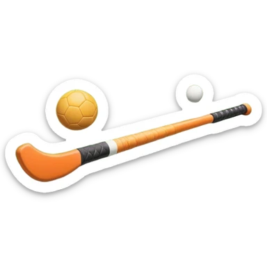 A field hockey stick and ball positioned on a vibrant green grass field, with the goalposts and clear field markings in the background. The scene highlights the lush, well-maintained turf, emphasizing the speed and precision of the sport in an energizing outdoor setting. sticker