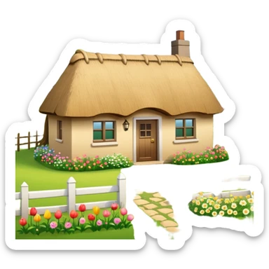 A countryside cottage with a thatched roof, wooden door, flowers around the house, green fields, peaceful rural scenery, natural lighting, detailed and realistic sticker