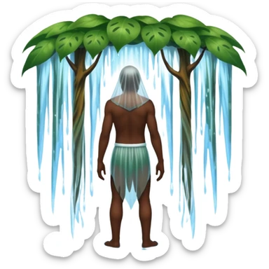 full body dark skin forest spirit man from behind under waterfall veil sticker