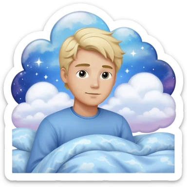 Sweet dreams a blonde man in a very comfy bed with blue and Pastel clouds and an delicate  galaxy elegant  sticker